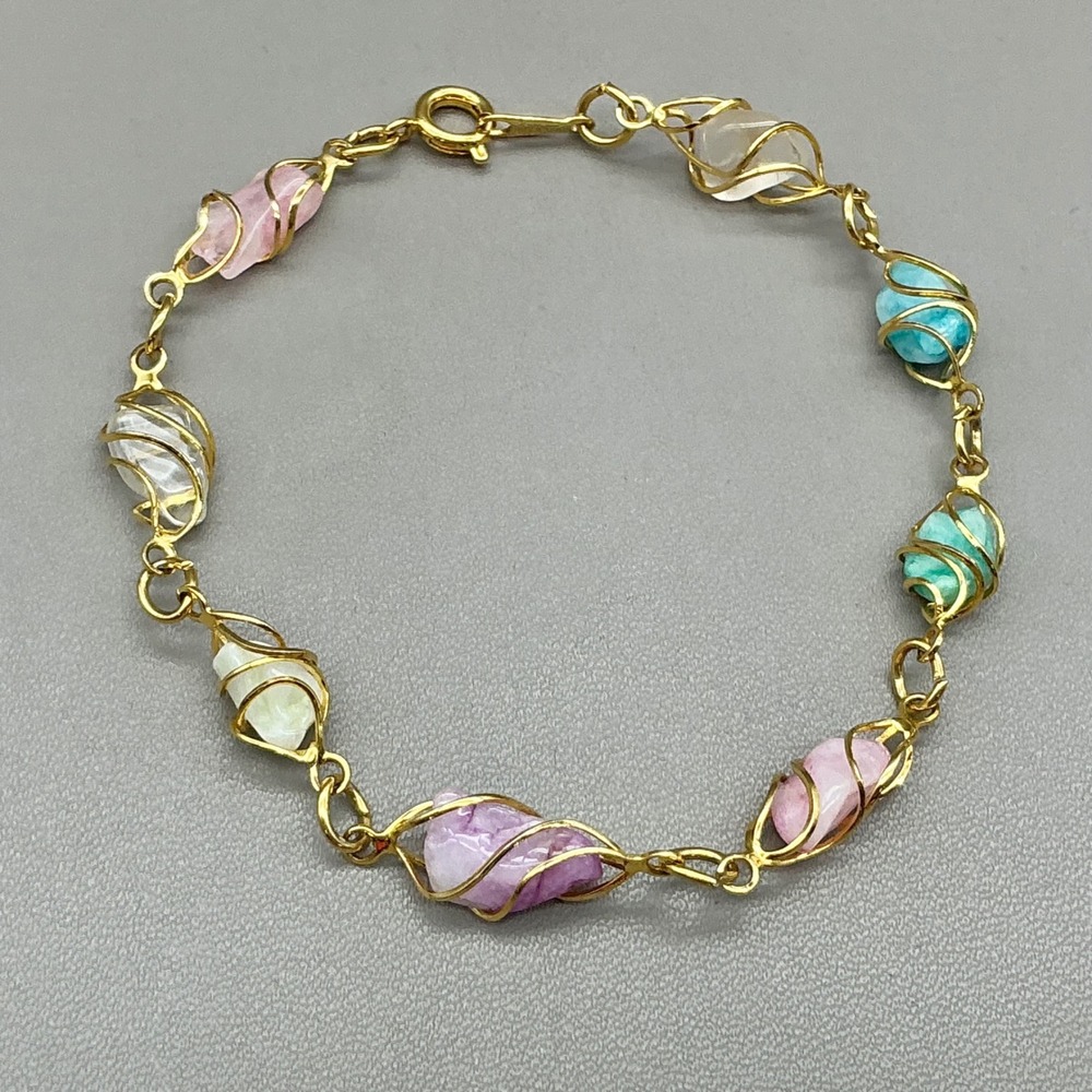 Vintage Bracelet Gold Tone Wire Wrapped Multicolor Stone Caged Boho Artisan 8"
